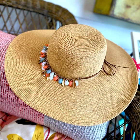 NWT Rare! Boho Boston Proper beaded, charms- woven tan floppy sun hat. - Picture 1 of 12